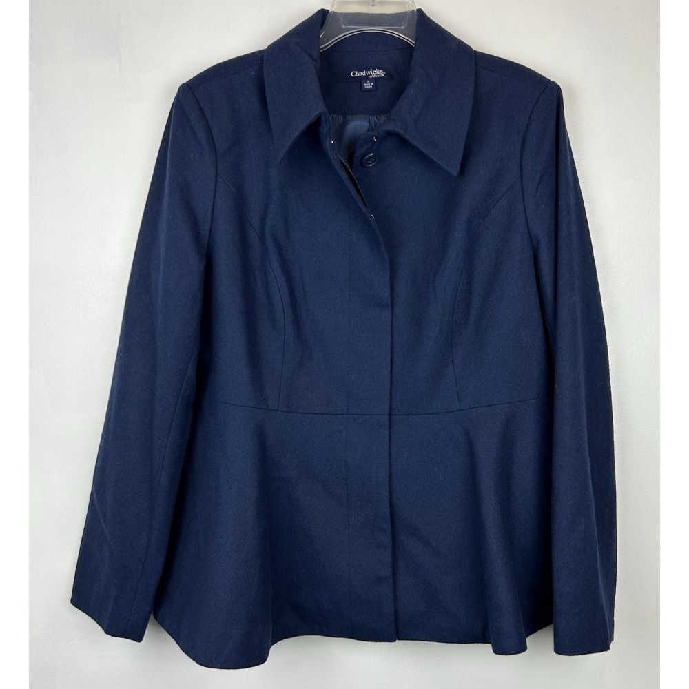 Chadwicks Of Boston Blazer Womens 14 Navy Blue Wool Blend Peplum Jacket Career